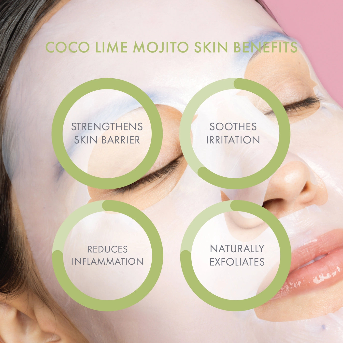 Woman applying a Coco Lime Mojito skincare product with text highlighting benefits on a close-up of her face.