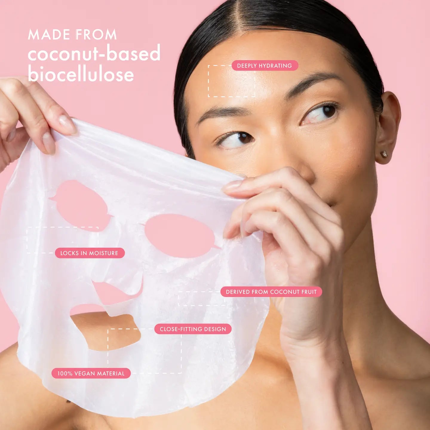 Woman holding a biocellulose sheet mask with text on a pink background