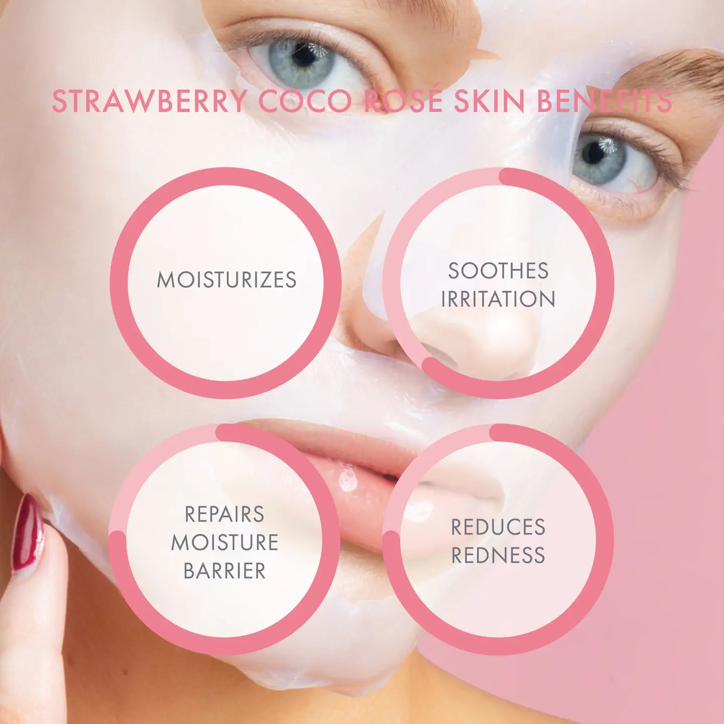 Strawberry Coco Rose skin benefits with a close-up of a woman's face wearing a pink mask.
