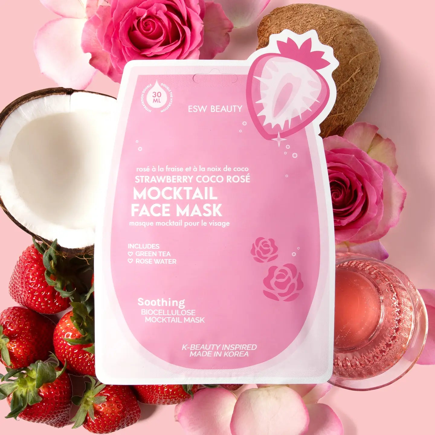 Strawberry Coco Rosé Mocktail Face Mask with strawberries, coconut, and roses on a pink background