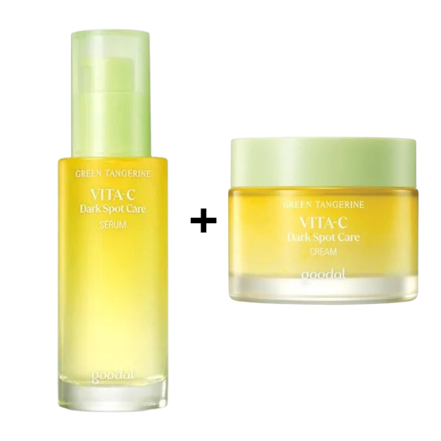 Goodal green tangerine vita c dark spot care serum and cream on a white background