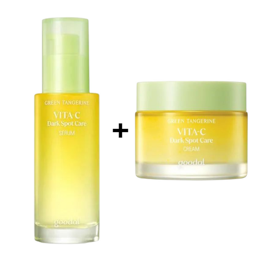 Goodal green tangerine vita c dark spot care serum and cream on a white background