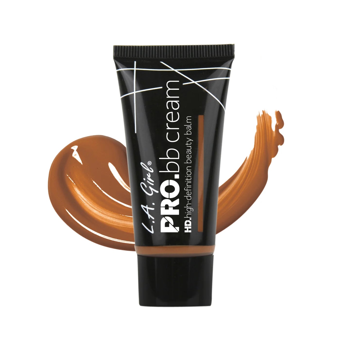 L.A. Girl Pro BB Cream tube with brown color swatch on a white background