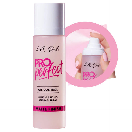 L.A. Girl Pro Perfect oil control multi-tasking setting spray on a white background