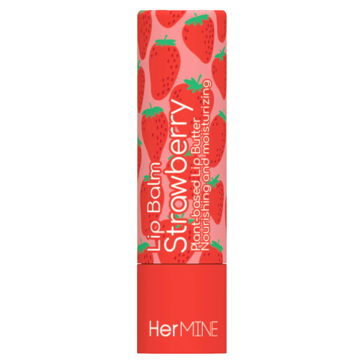 Strawberry-themed lip balm packaging with 'HerMINE' branding on a white background