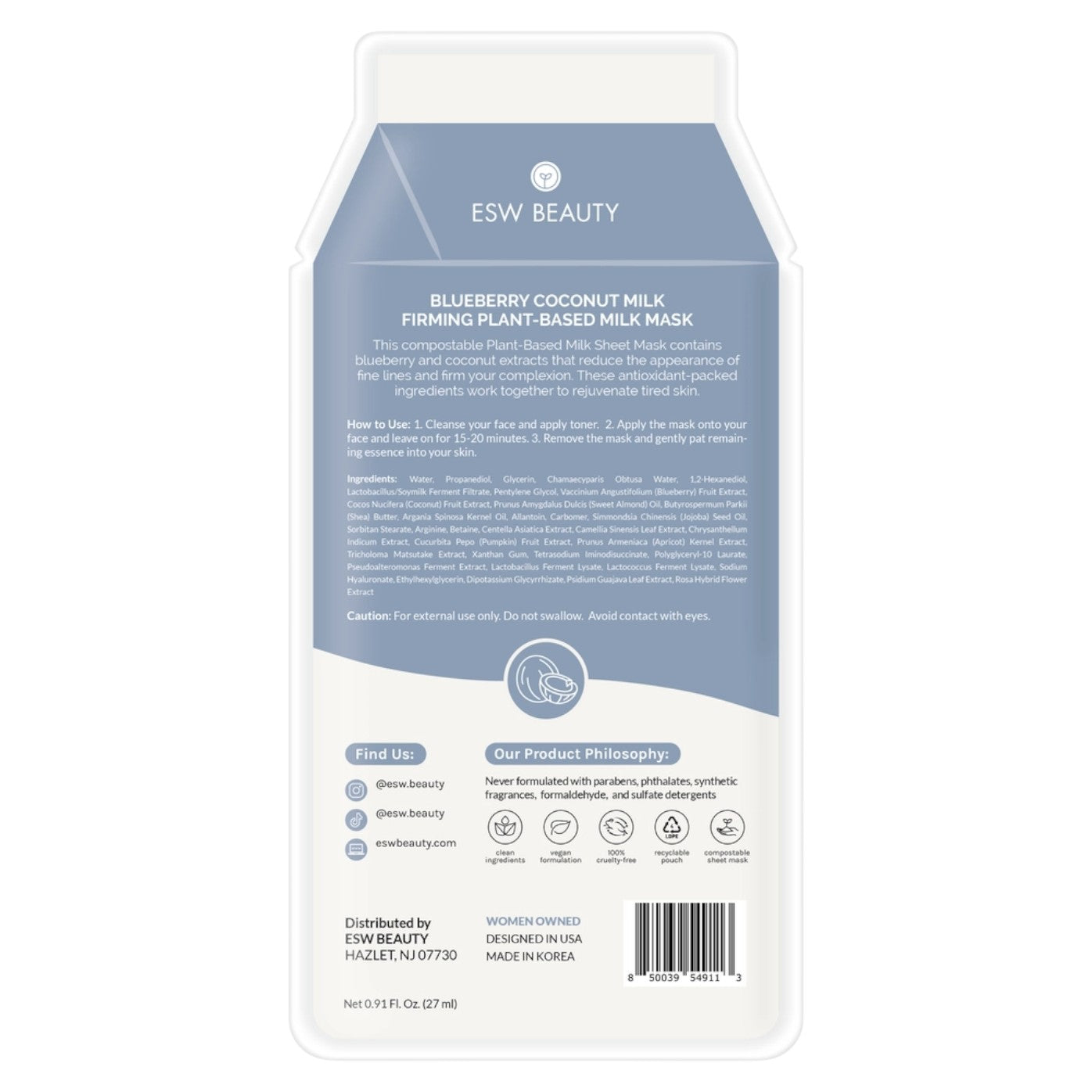 back of ESW Beauty Blueberry Coconut Milk Firming Plant-Based Milk Mask packaging on a white background
