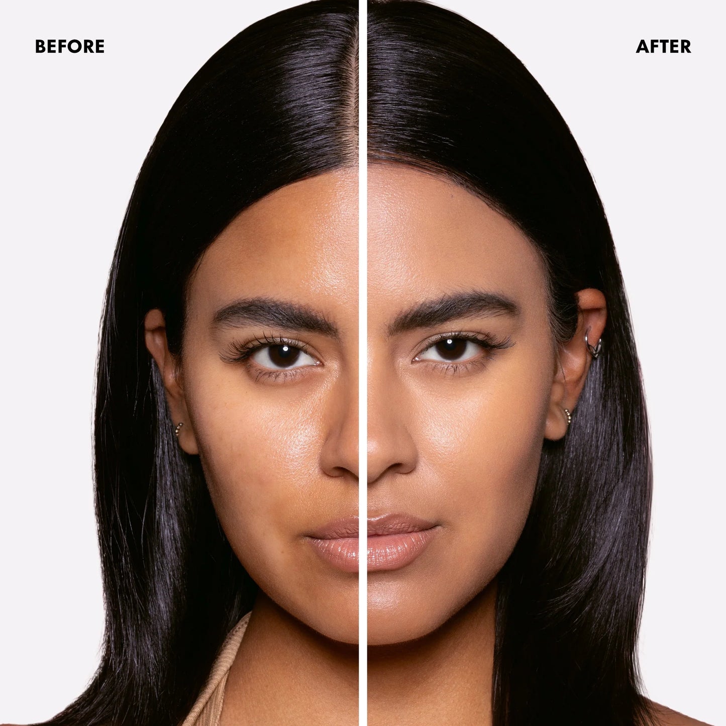 Before and after comparison of a woman's face with a neutral background