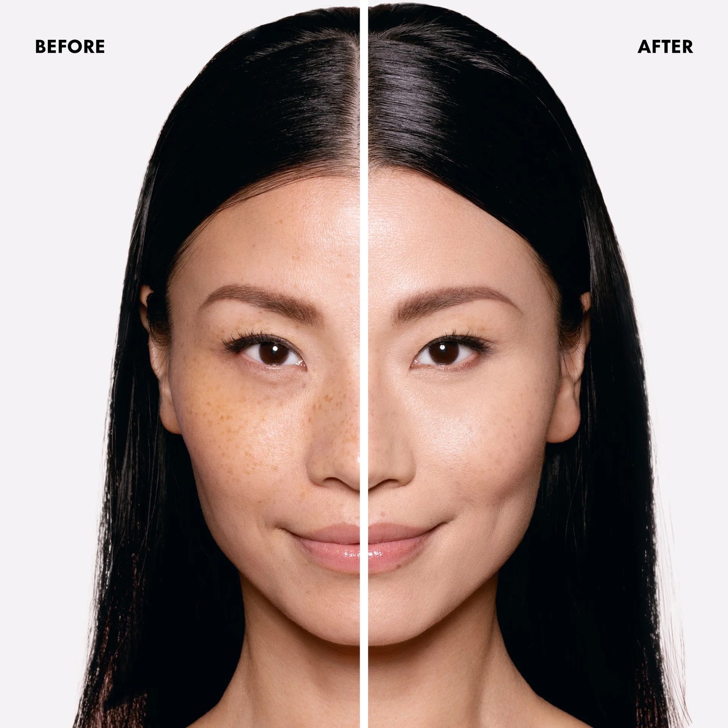 Before and after comparison of a woman's face with dark hair on a white background.