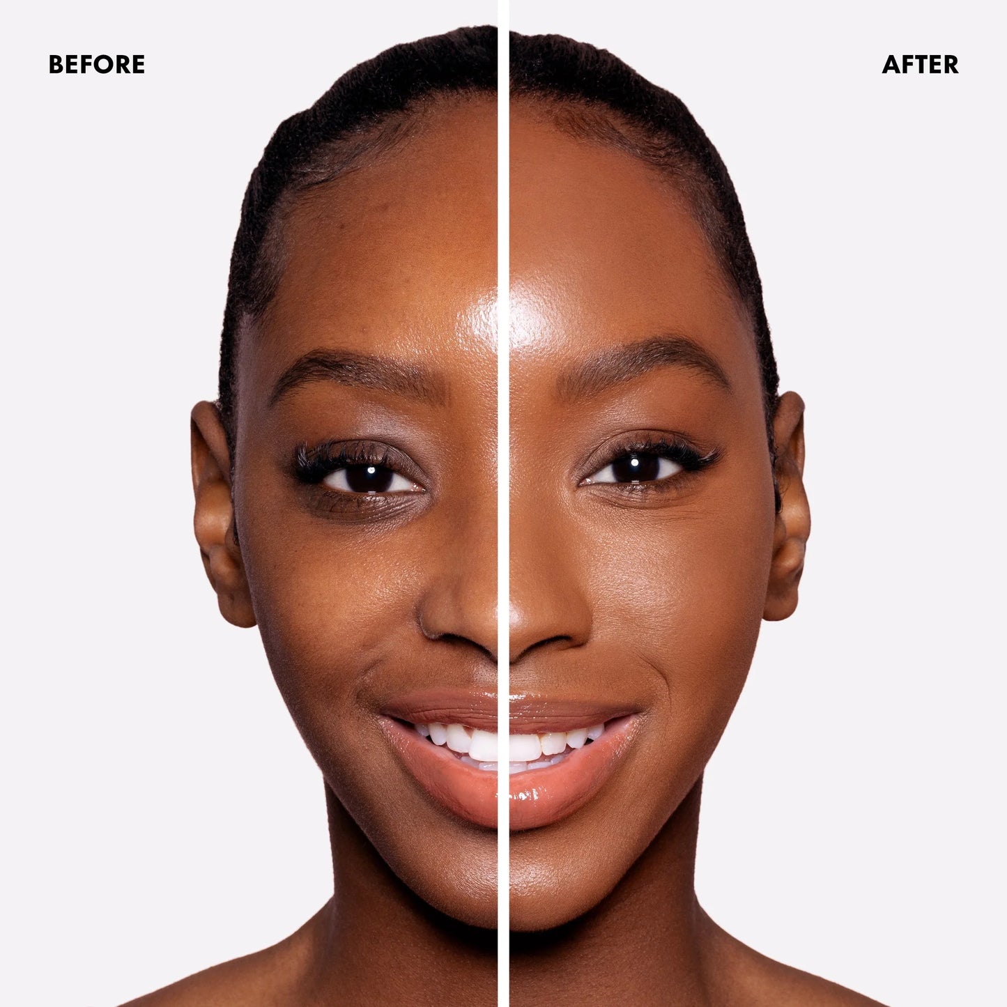 Before and after comparison of a woman's face with a clear skin finish.