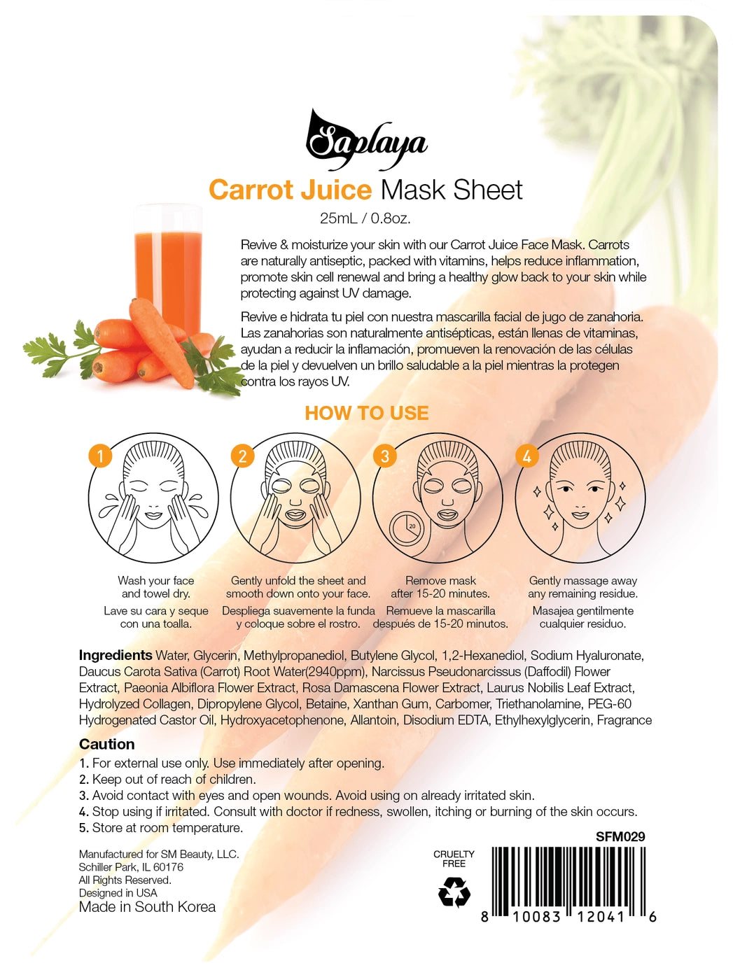 Saplaya k-beauty natural formula carrot juice sheet mask