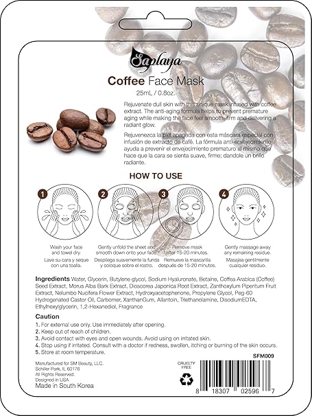 Saplaya k-beauty natural formula coffee sheet mask