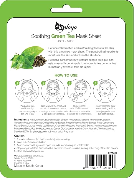 Saplaya k-beauty natural formula green tea sheet mask