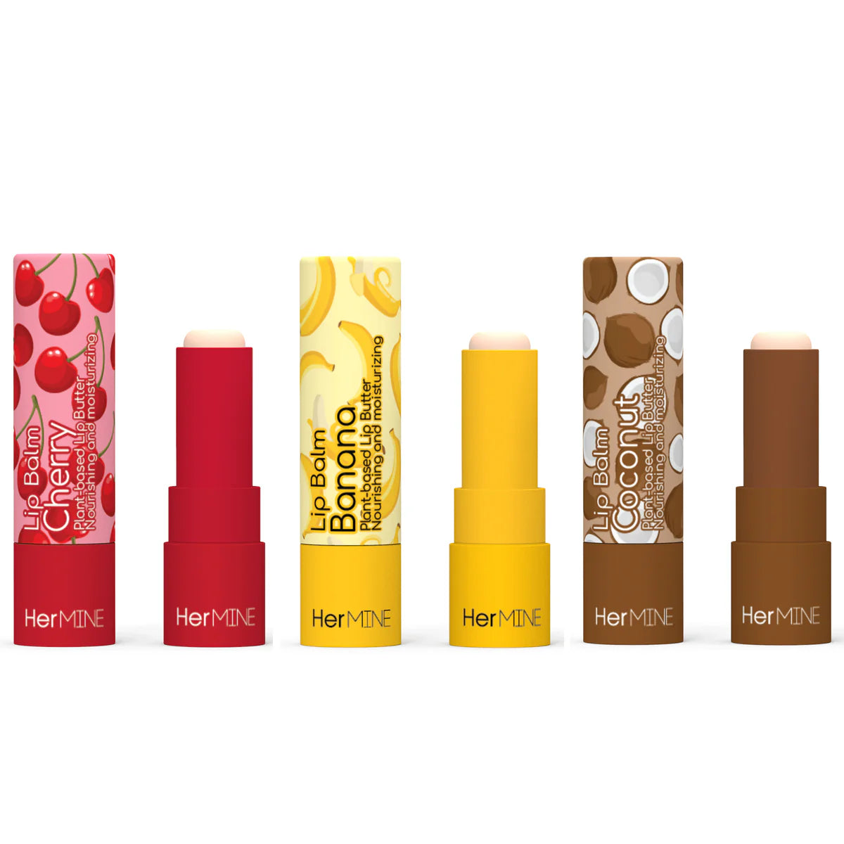 Set of HerMINE lip balms with colorful packaging on a white background