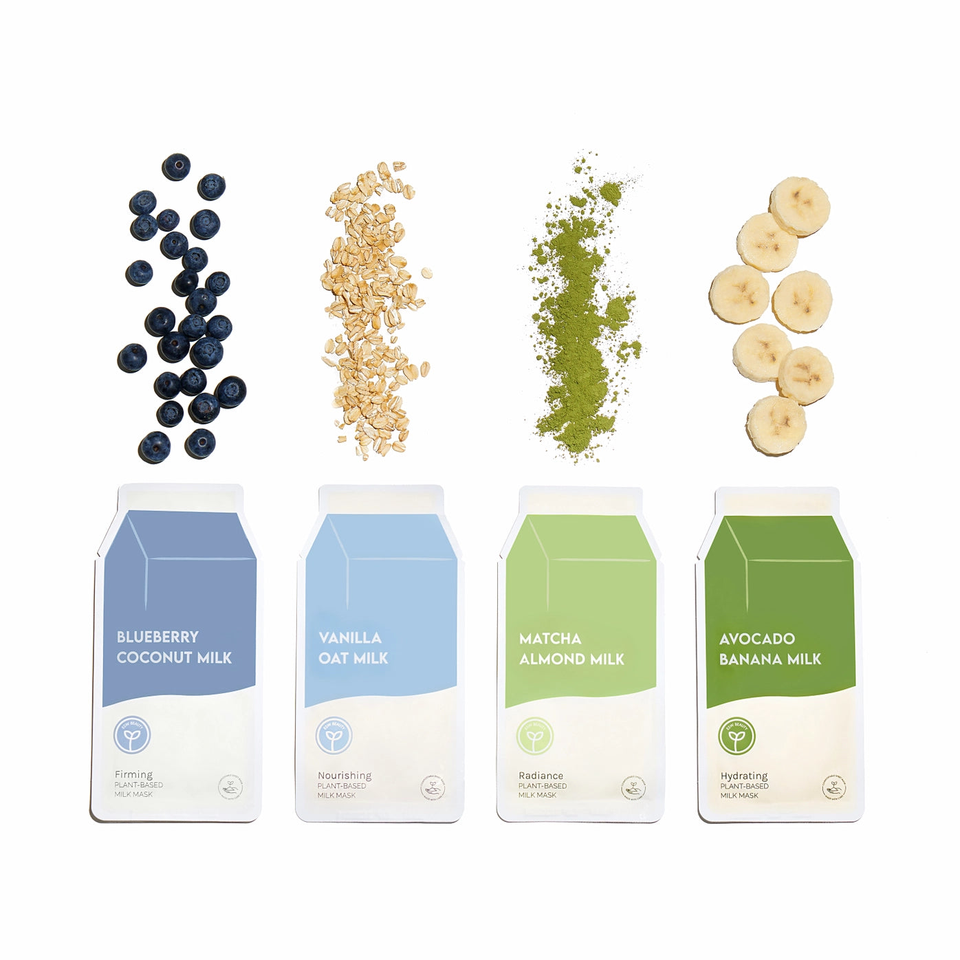 Four carton packages of different milk flavors with corresponding ingredients on a white background