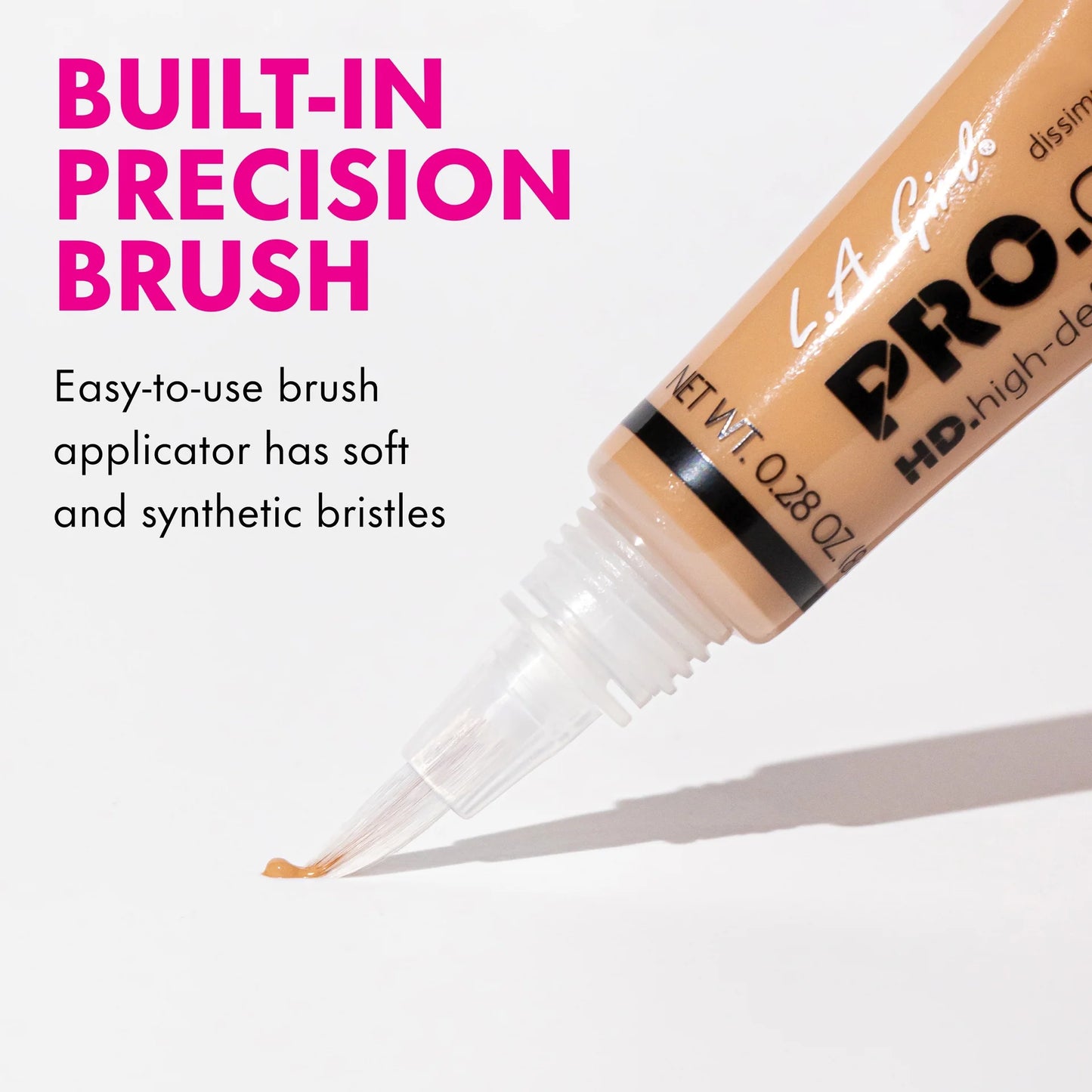 L.A. Girl Pro HD high definition concealer with a built-in precision brush on a white background.