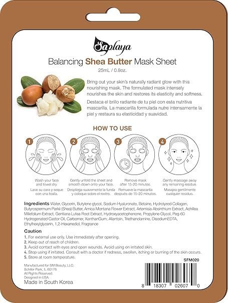 Saplaya Balancing Shea Butter Mask Sheet packaging with instructions and ingredients list.