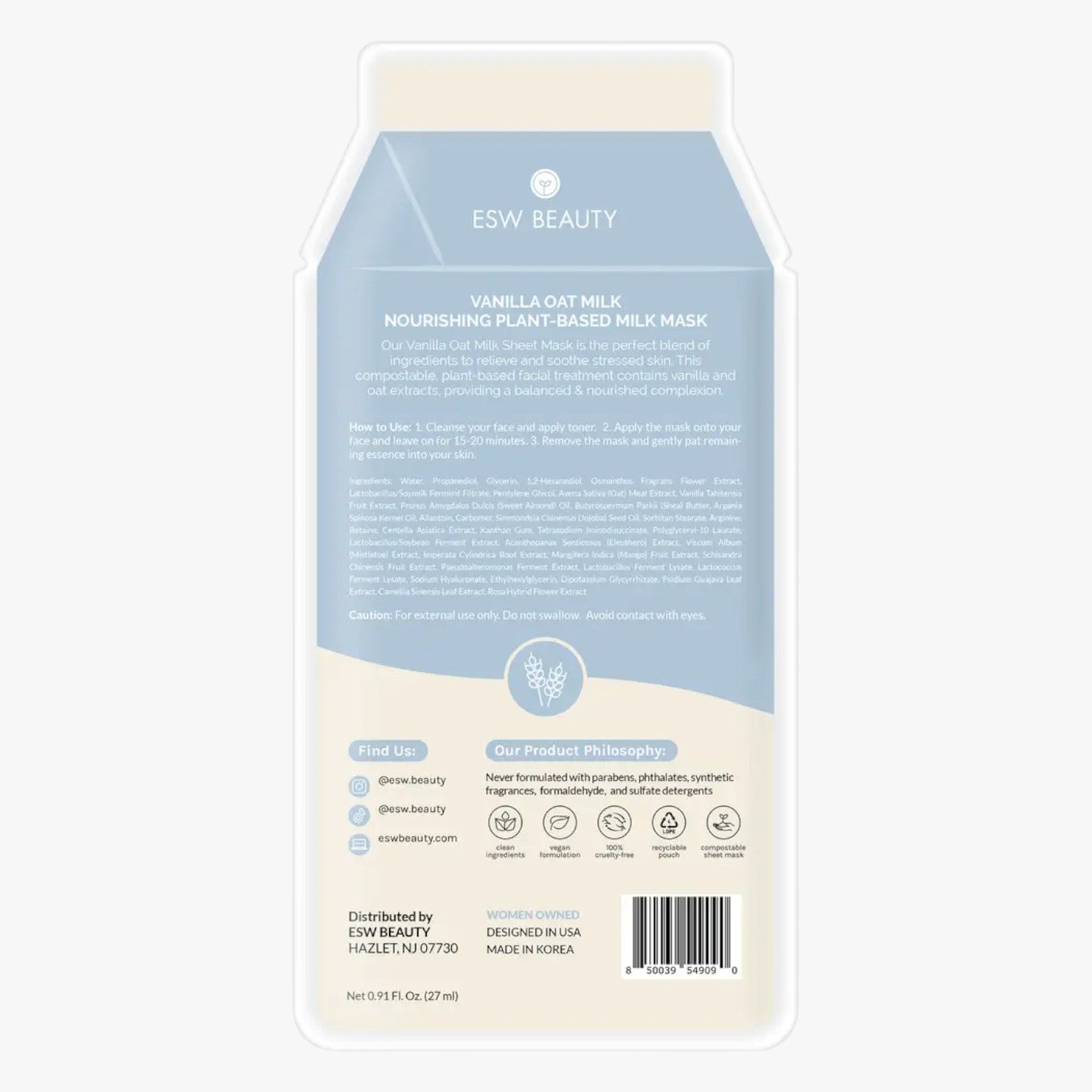 Vanilla oat milk nourishing plant-based milk mask packaging with ESW Beauty branding.