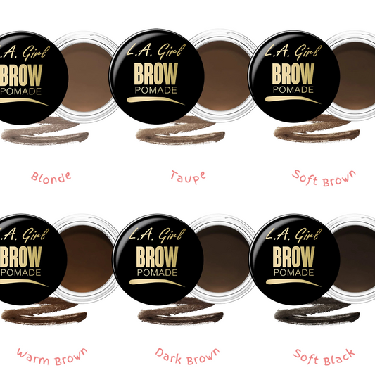 Collection of L.A. Girl Brow Pomade containers with different shades on a white background.