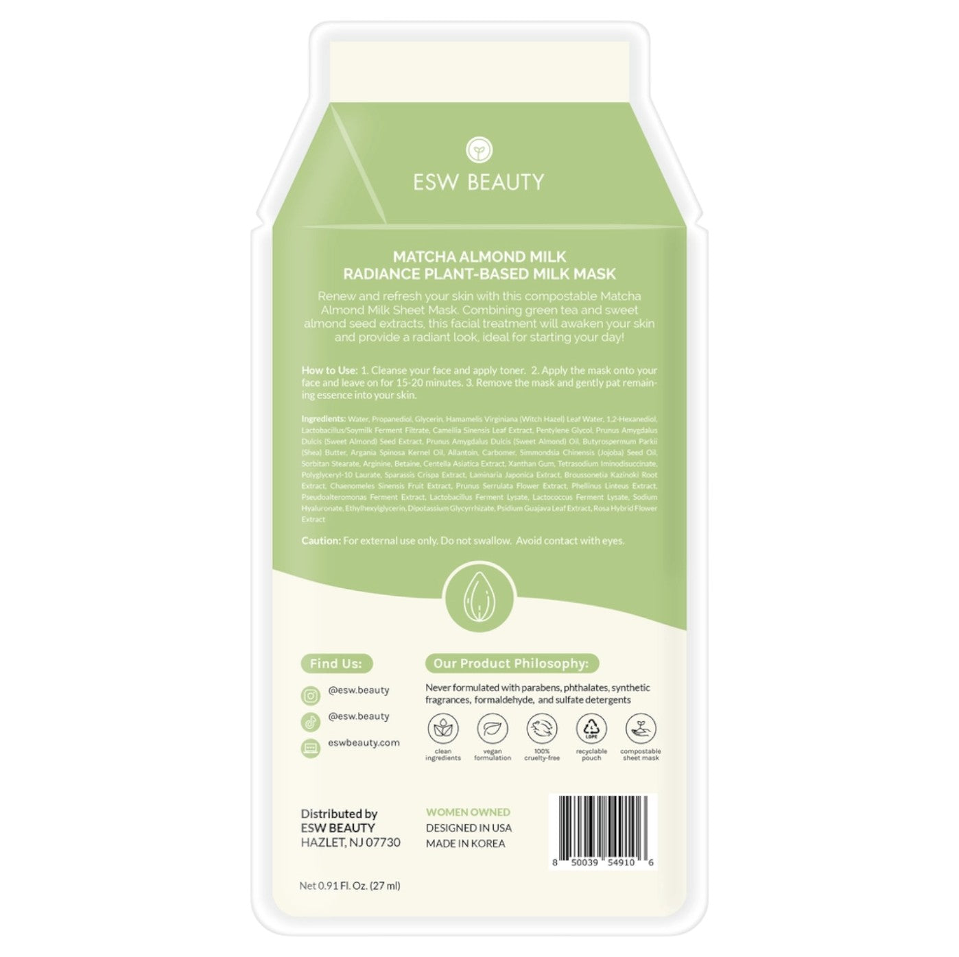 ESW Beauty matcha almond milk radiance plant-based milk mask packaging on a white background