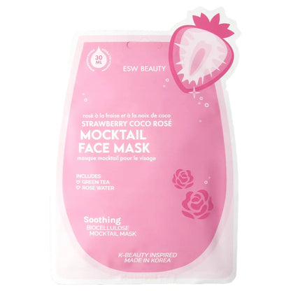Pink face mask packaging with strawberry and rose design on a white background