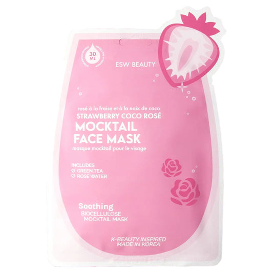 Pink face mask packaging with strawberry and rose design on a white background