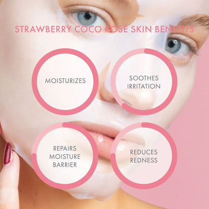 Strawberry Coco Rose skin benefits with a close-up of a woman's face wearing a pink mask.
