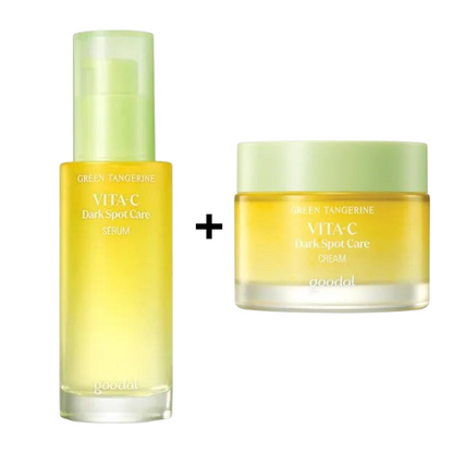 Goodal green tangerine vita c dark spot care serum and cream on a white background