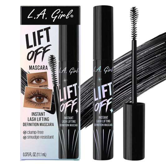 L.A. Girl Lift Off mascara with packaging and applicator on a white background