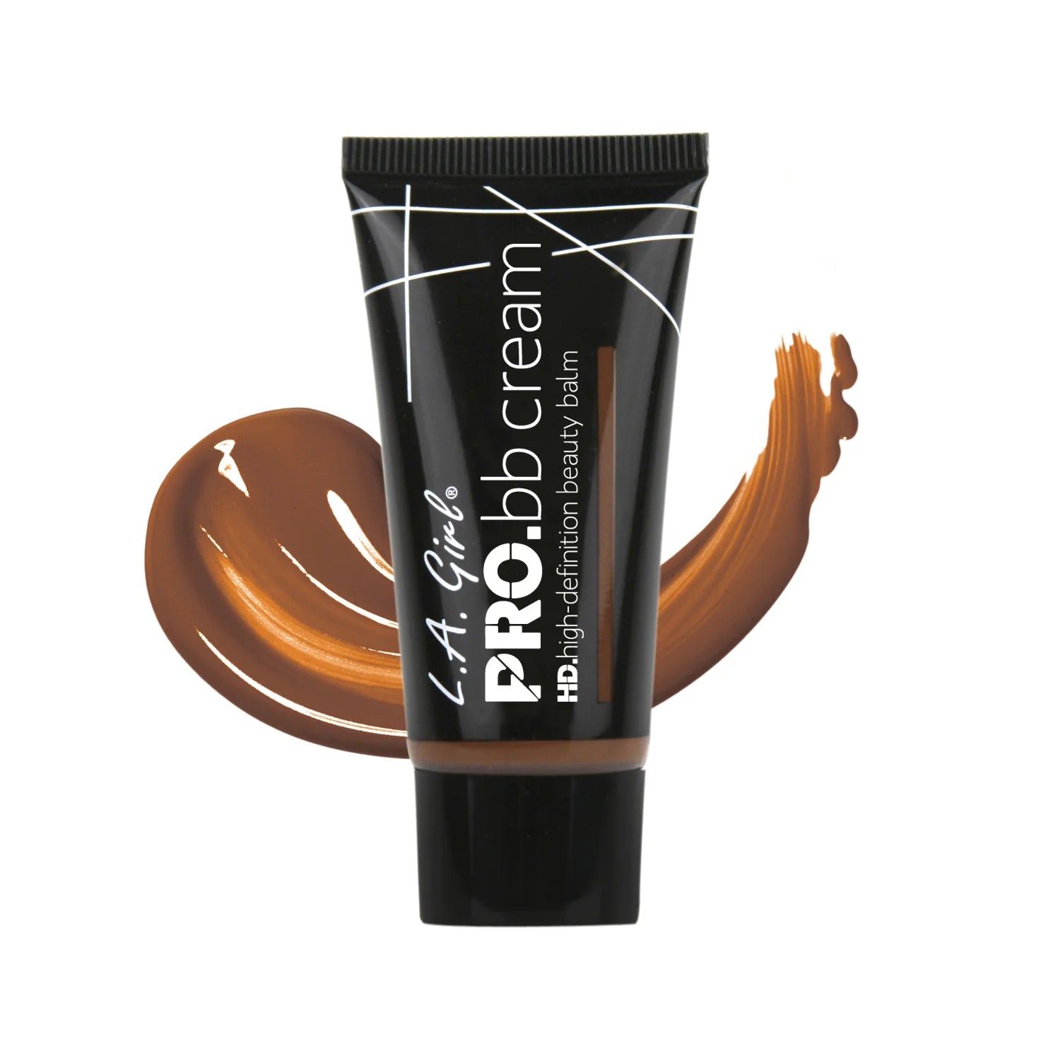 L.A. Girl Pro BB Cream tube with brown color swatch on a white background