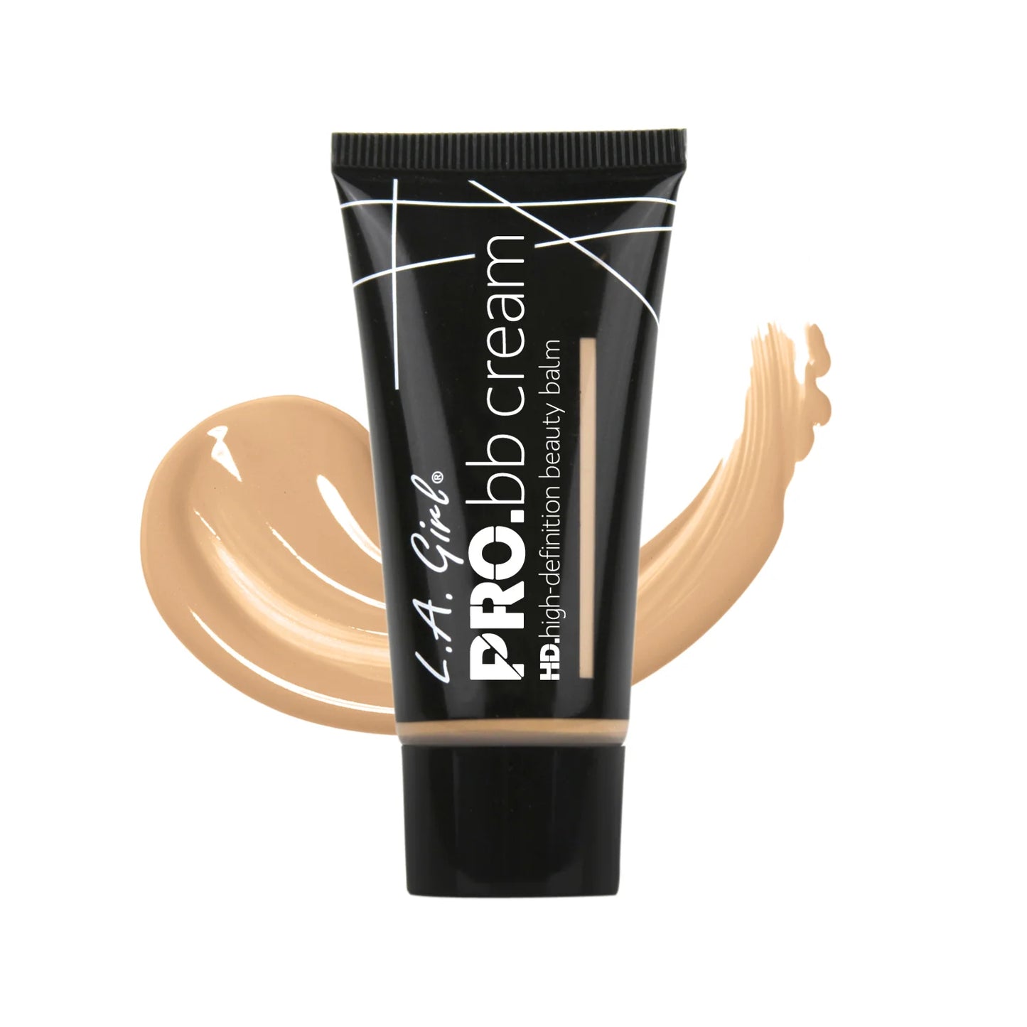 L.A. Girl Pro BB Cream tube with beige cream swatches on a white background