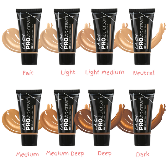 Set of L.A. Girl Pro BB cream tubes in various shades with color swatches.