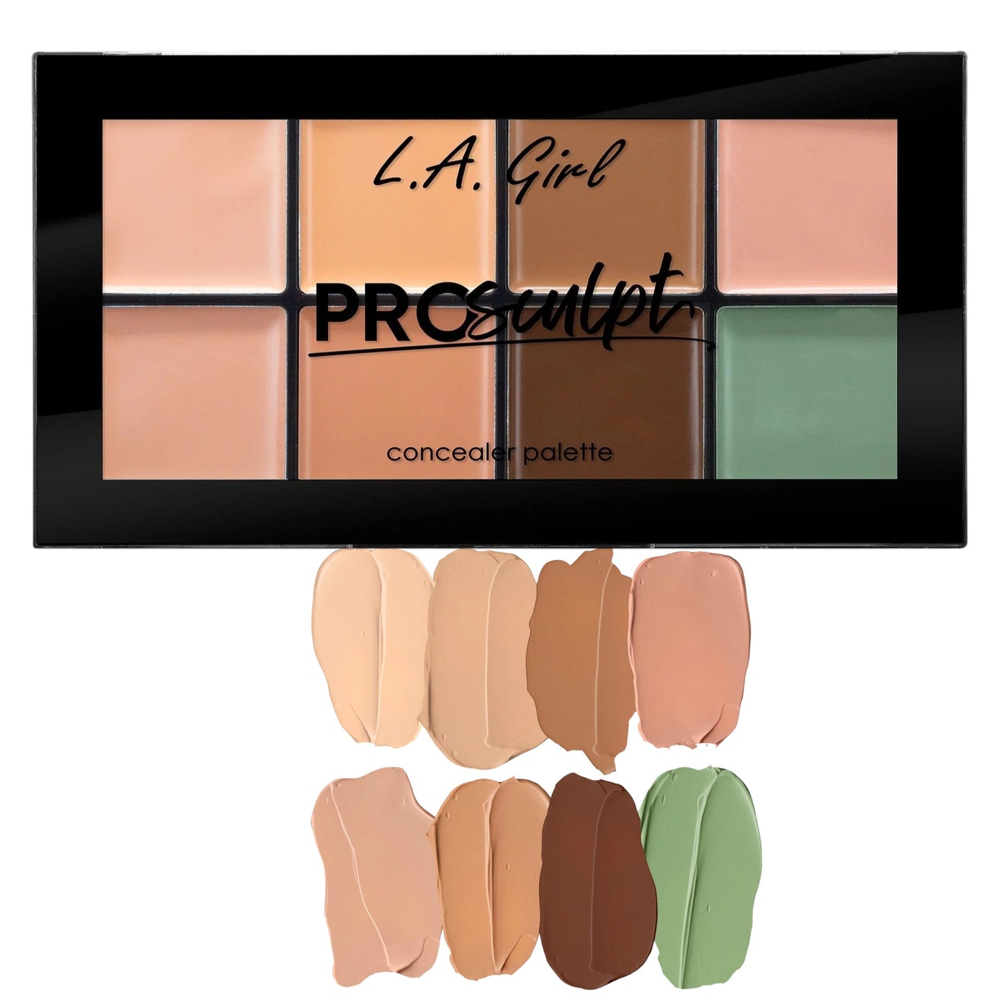 L.A. Girl Pro Sculpt concealer palette with swatches on a white background