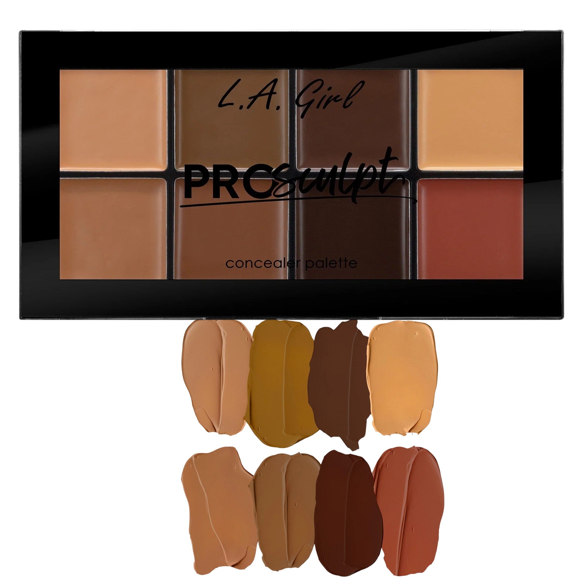L.A. Girl Pro Sculpt concealer palette with swatches on a white background