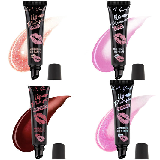 Four tubes of L.A. Girl lip plumping product with colorful swatches on a white background