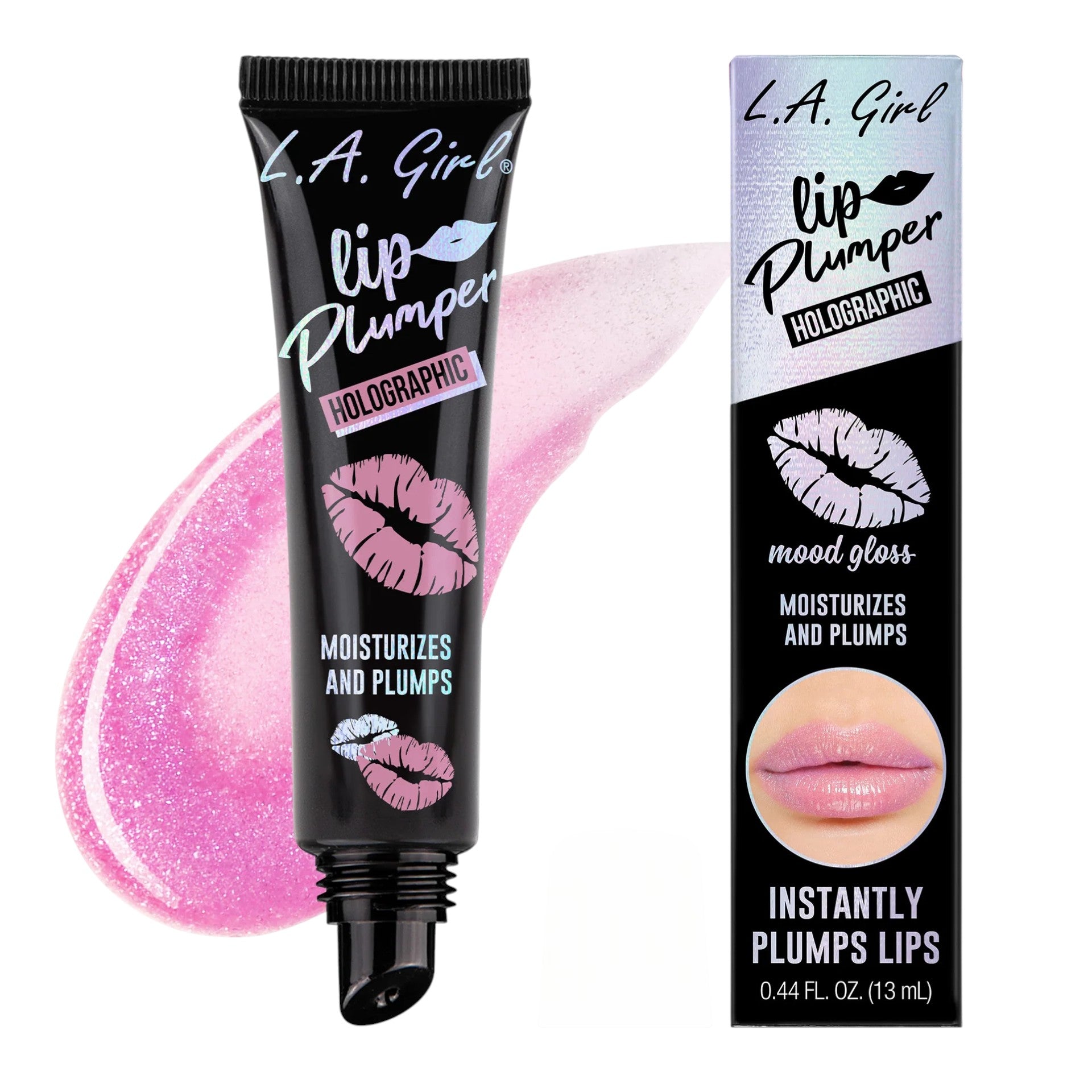 L.A. Girl lip plumper with pink gloss and packaging on a white background