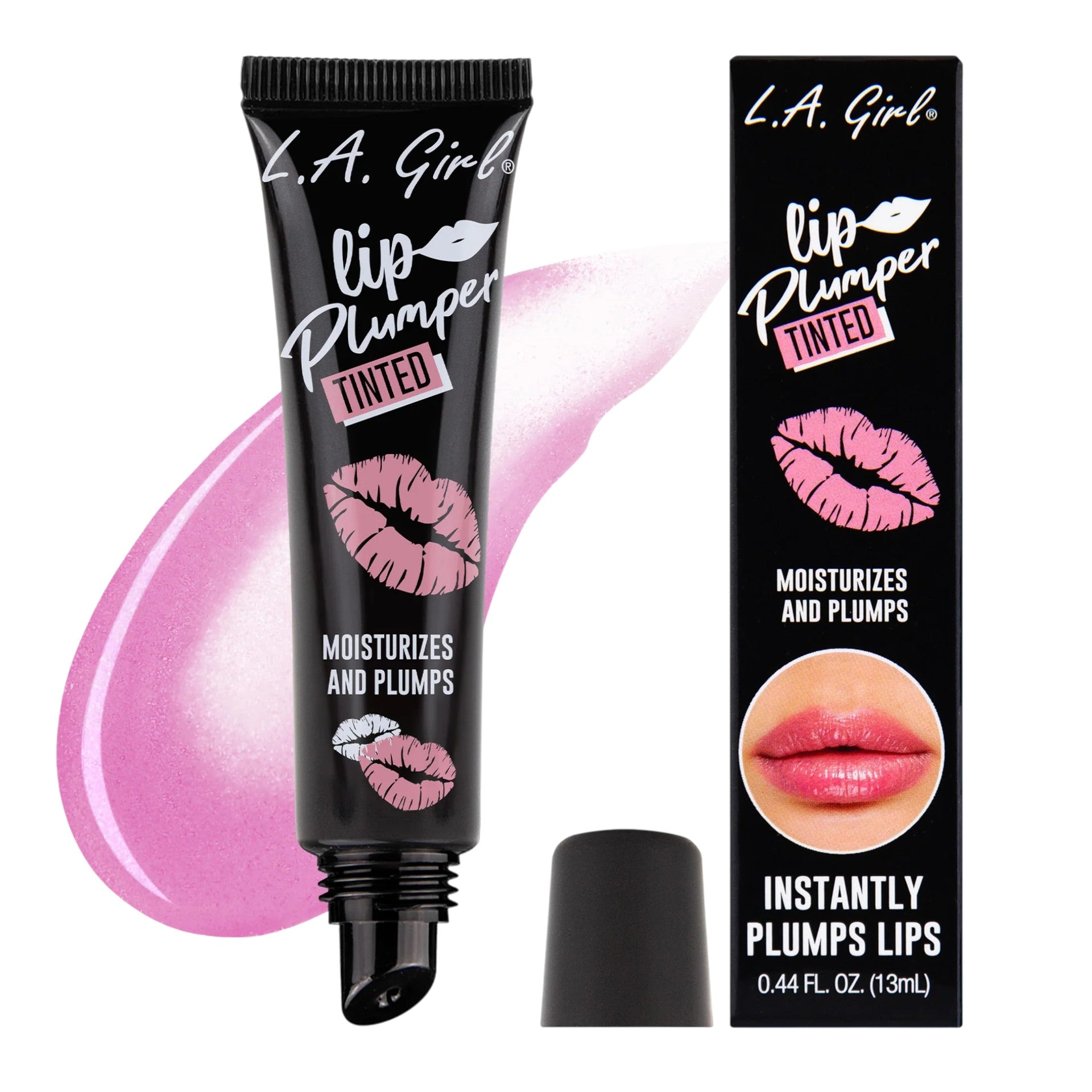 L.A. Girl lip plumper with black packaging and pink lip illustrations on a white background