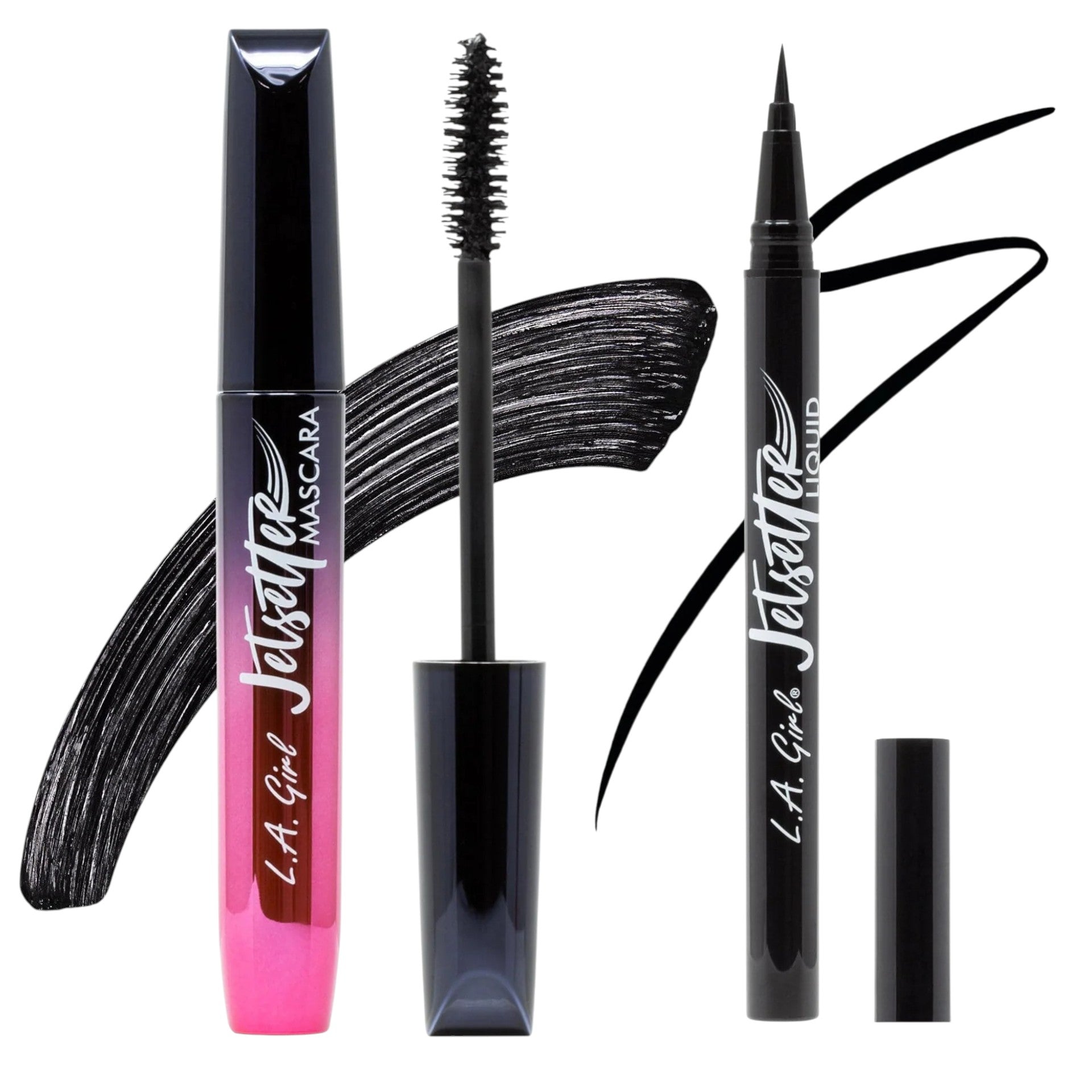 L.A. Girl mascara and eyeliner with application strokes on a white background