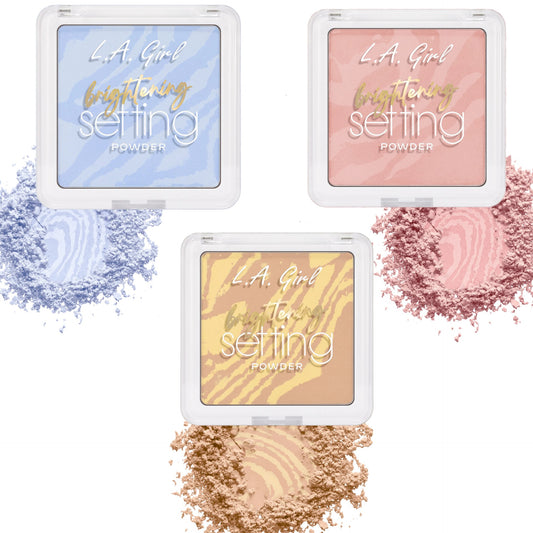 Three L.A. Girl setting powders with color samples on a white background