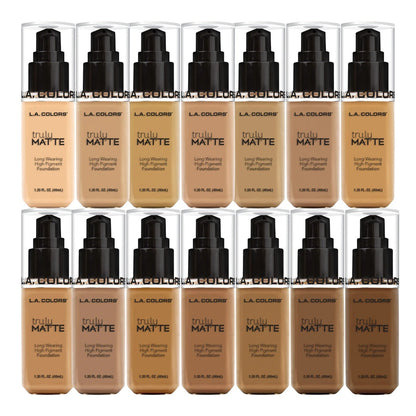 Multiple bottles of L.A. Colors Truly Matte foundation in various shades on a white background.