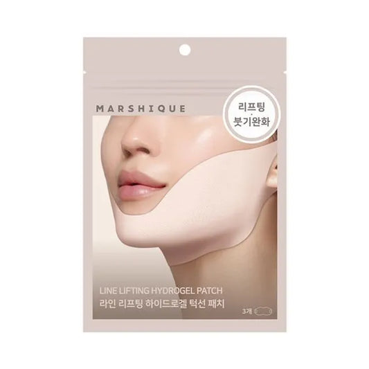 Marshique line lifting hydrogel patch packaging with a face illustration on a white background