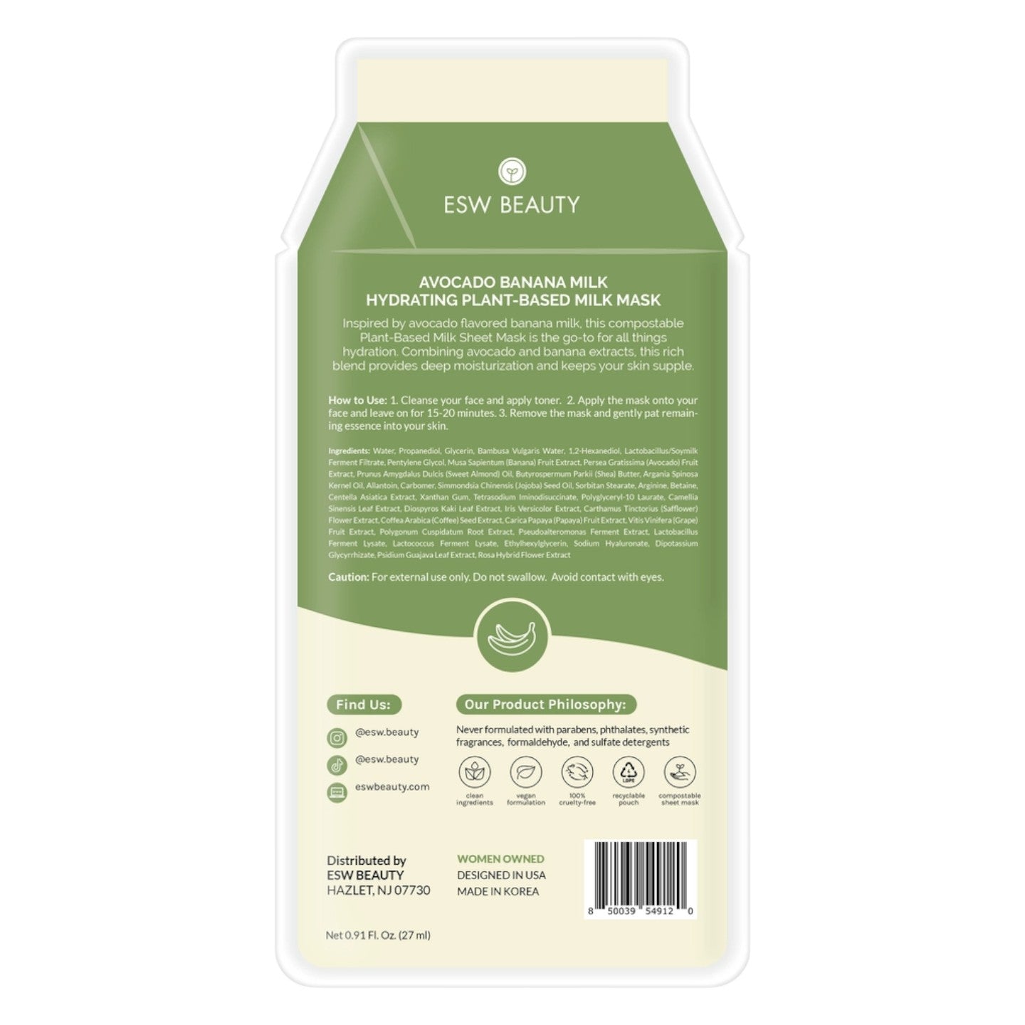 Esw Beauty Avocado Banana Milk Hydrating Plant-Based Milk Sheet Mask