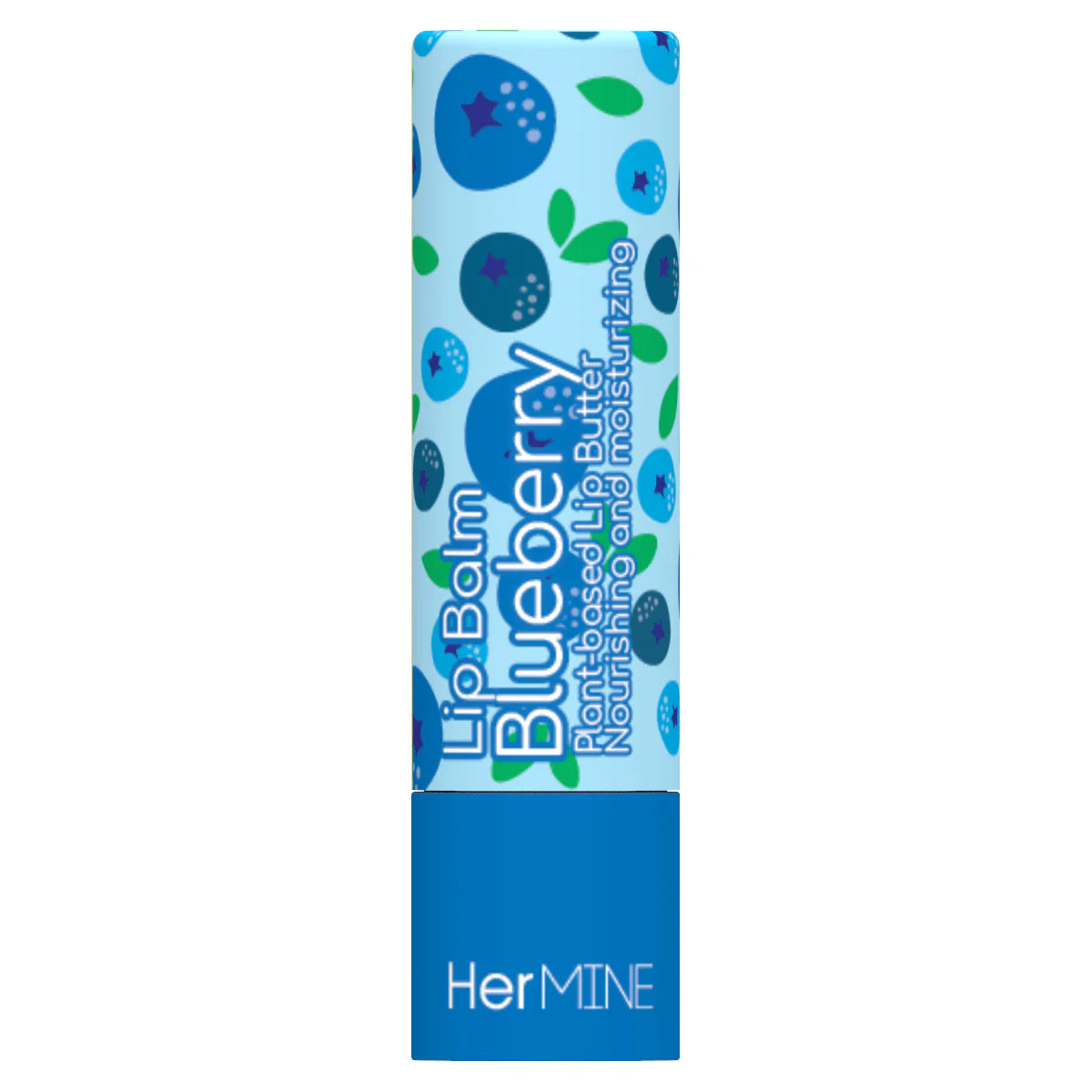 Blueberry lip balm packaging with blue and green design on a white background