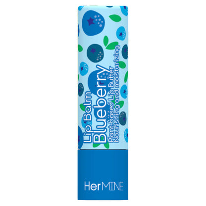 Blueberry lip balm packaging with blue and green design on a white background