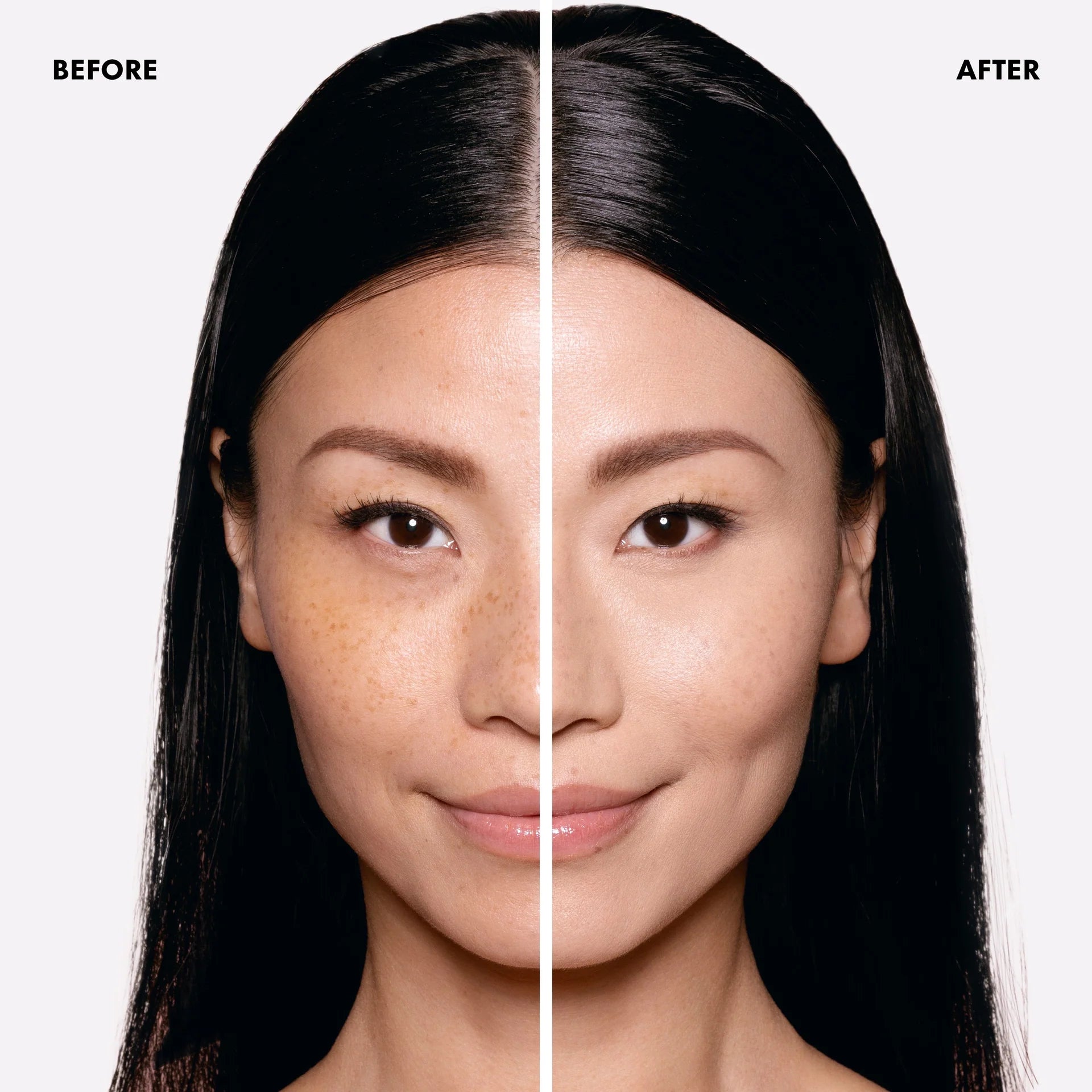 Before and after comparison of a woman's face with dark hair on a white background.