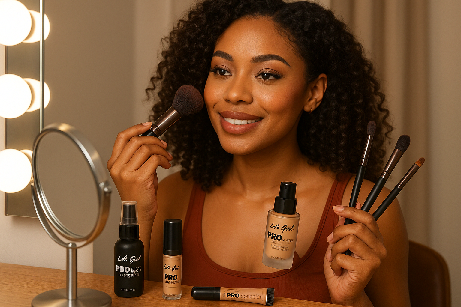 brown skin woman applying L.A. GIRL makeup