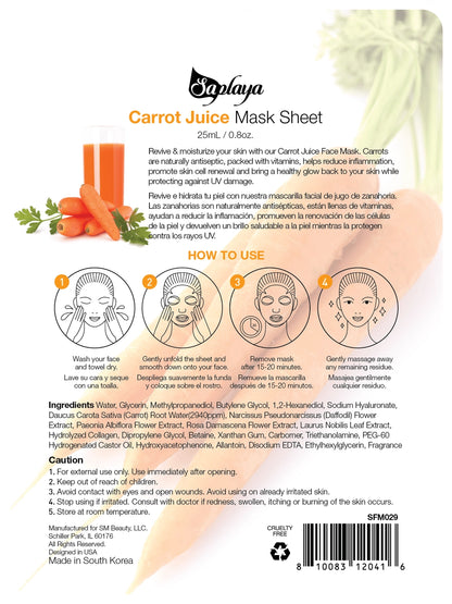 Saplaya  k-beauty natural formula carrot juice sheet mask