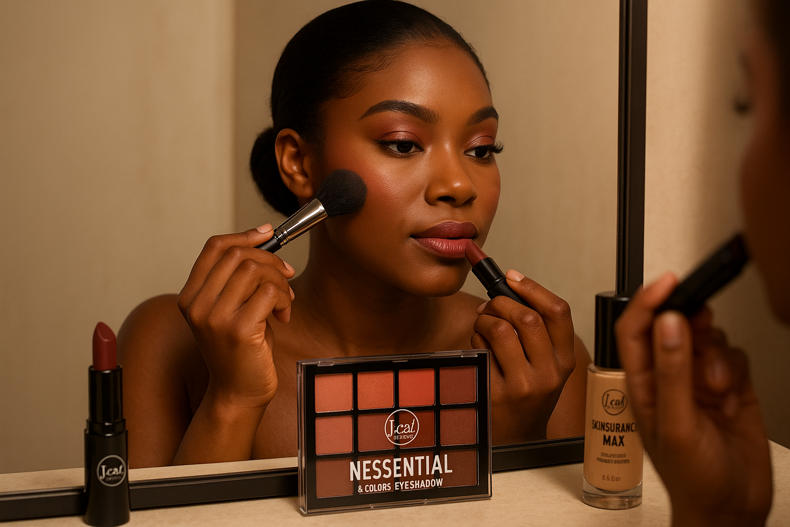 Dark skin woman applying J.Cat Beauty products