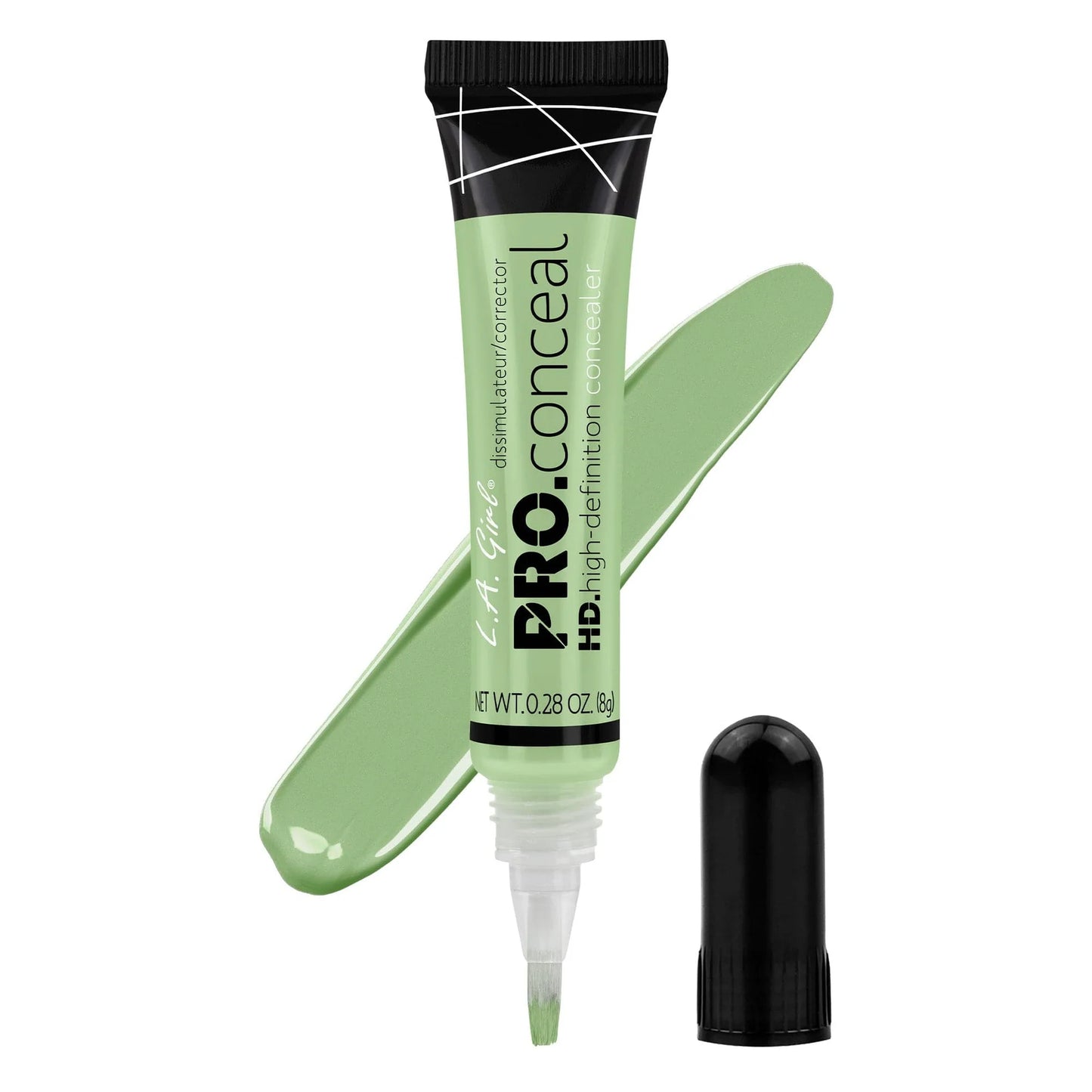 la girl Green corrector tube with applicator on a white background