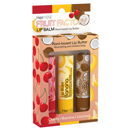 hermine fruit factory lip balm plant based lip butter with banana, coconut, cherry flavors