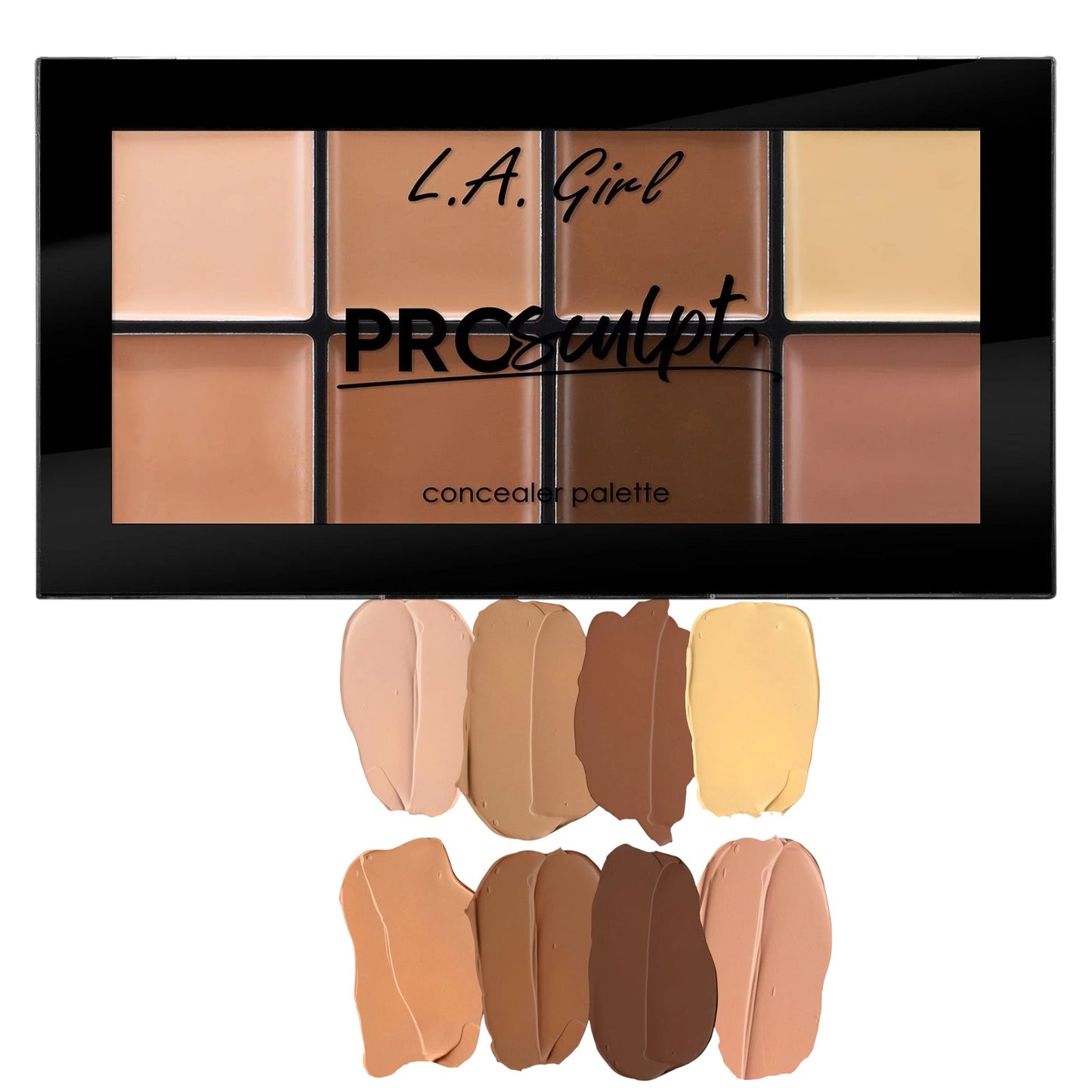 L.A. Girl Pro Sculpt concealer palette with swatches on a white background